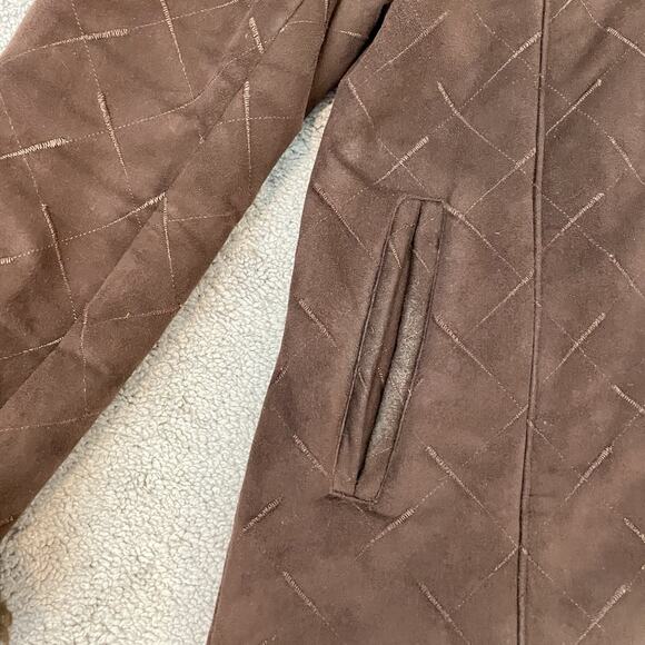 Y2K Faux Suede Fur Trim Hooded Coat Zip Up Women’s Medium 2000s VTG Brown Jacket - Picture 5 of 16